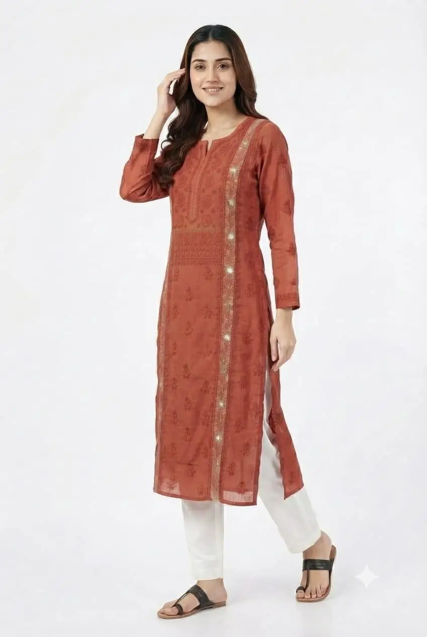 LCF CHIKAN EMBROIDERY MAL CHANDERI LONG KURTI - RED view 2
