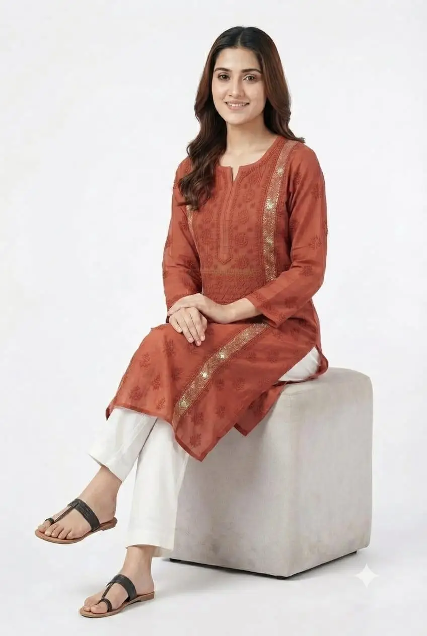 LCF CHIKAN EMBROIDERY MAL CHANDERI LONG KURTI - RED view 3