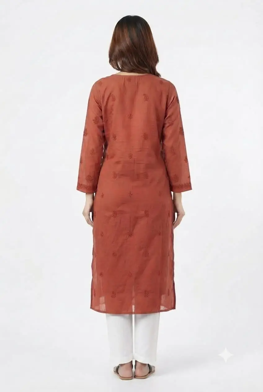 LCF CHIKAN EMBROIDERY MAL CHANDERI LONG KURTI - RED view 4