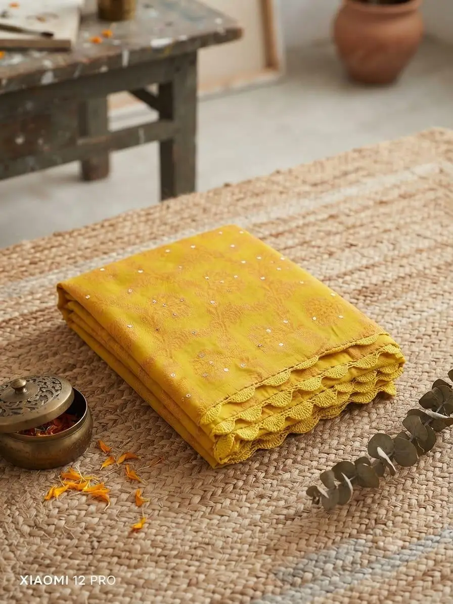 LCF BANARSI PRINT QURESHIA WITH SEQUENCE WORK DUPATTA -YELLOW view 2