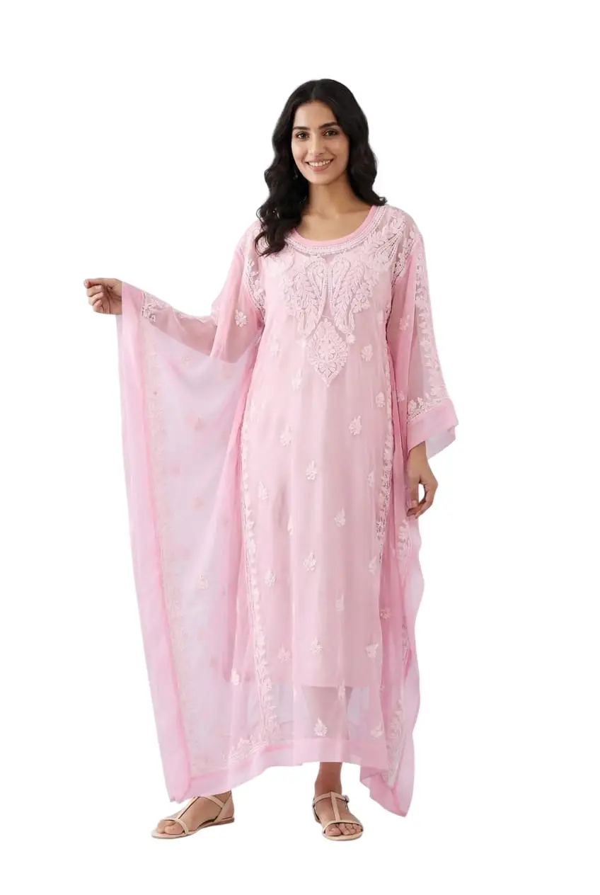 LCF CHIKAN EMBROIDERY CHIFFON KAFTAN KURTI - PINK