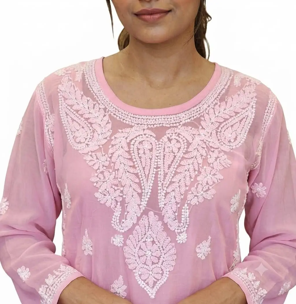 LCF CHIKAN EMBROIDERY CHIFFON KAFTAN KURTI - PINK view 2