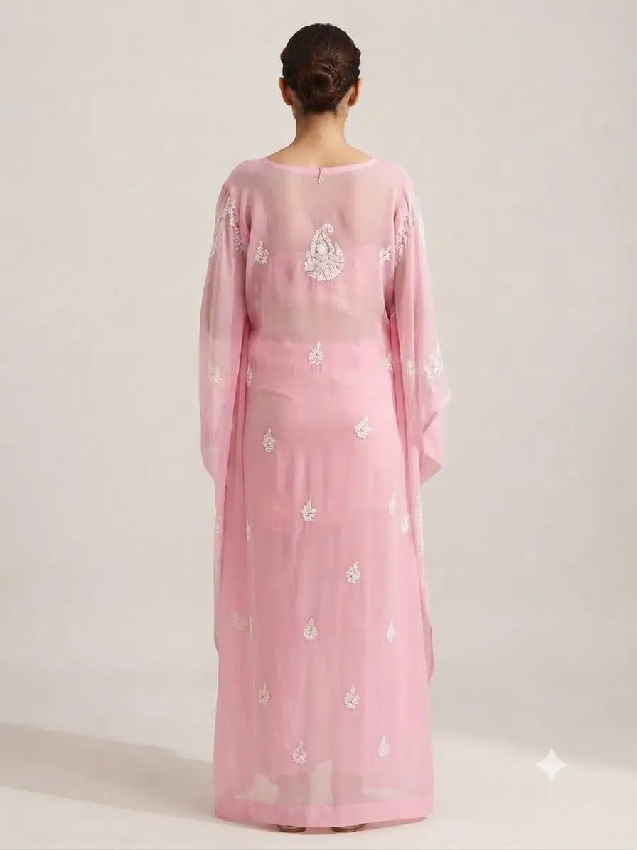 LCF CHIKAN EMBROIDERY CHIFFON KAFTAN KURTI - PINK view 3