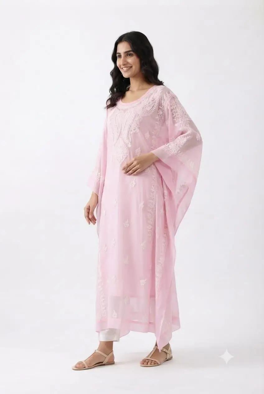 LCF CHIKAN EMBROIDERY CHIFFON KAFTAN KURTI - PINK view 4