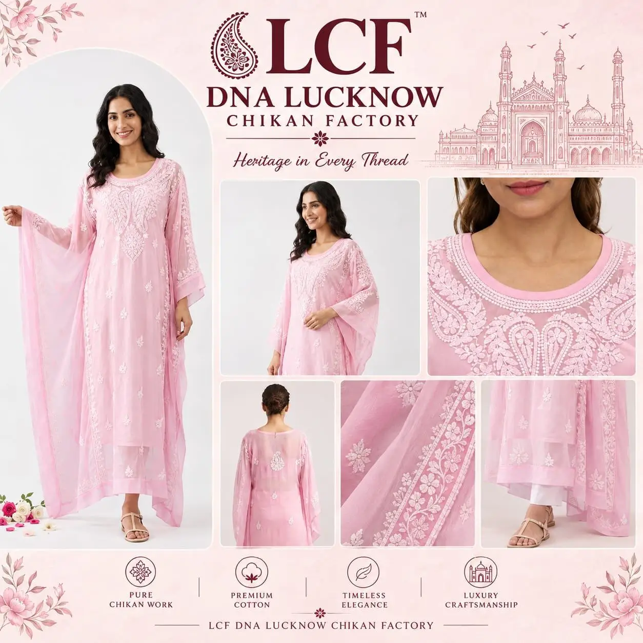 LCF CHIKAN EMBROIDERY CHIFFON KAFTAN KURTI - PINK view 5