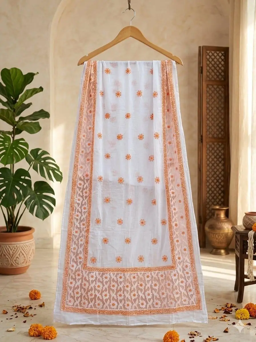 LCF CHIKAN EMBROIDERY BAKHIYA FANDA WITH APPLIQUE WORK MAL COTTON DUPATTA - ORANGE