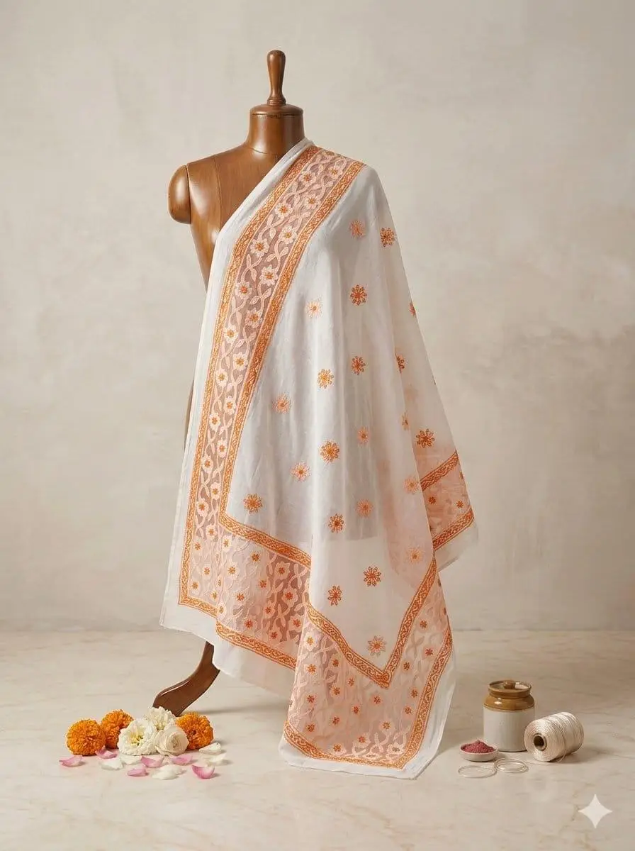 LCF CHIKAN EMBROIDERY BAKHIYA FANDA WITH APPLIQUE WORK MAL COTTON DUPATTA - ORANGE view 2