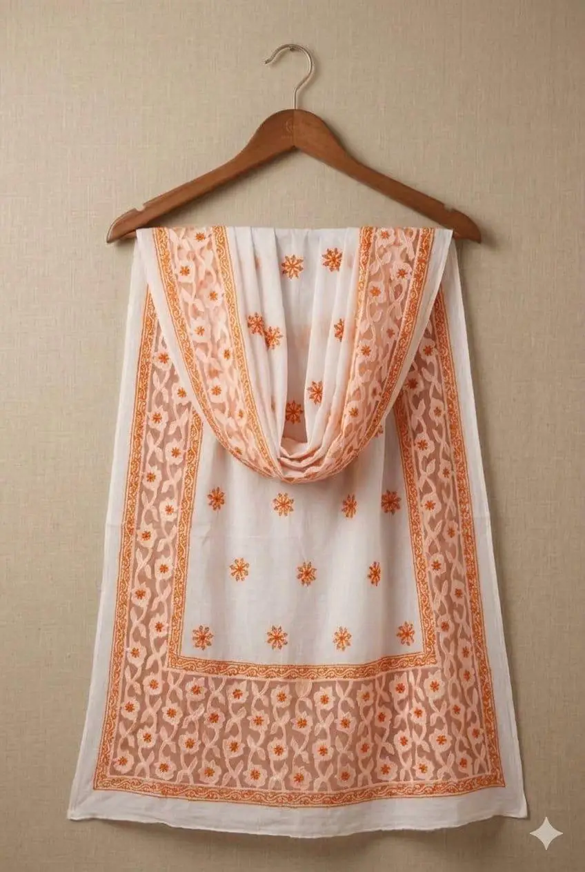 LCF CHIKAN EMBROIDERY BAKHIYA FANDA WITH APPLIQUE WORK MAL COTTON DUPATTA - ORANGE view 3