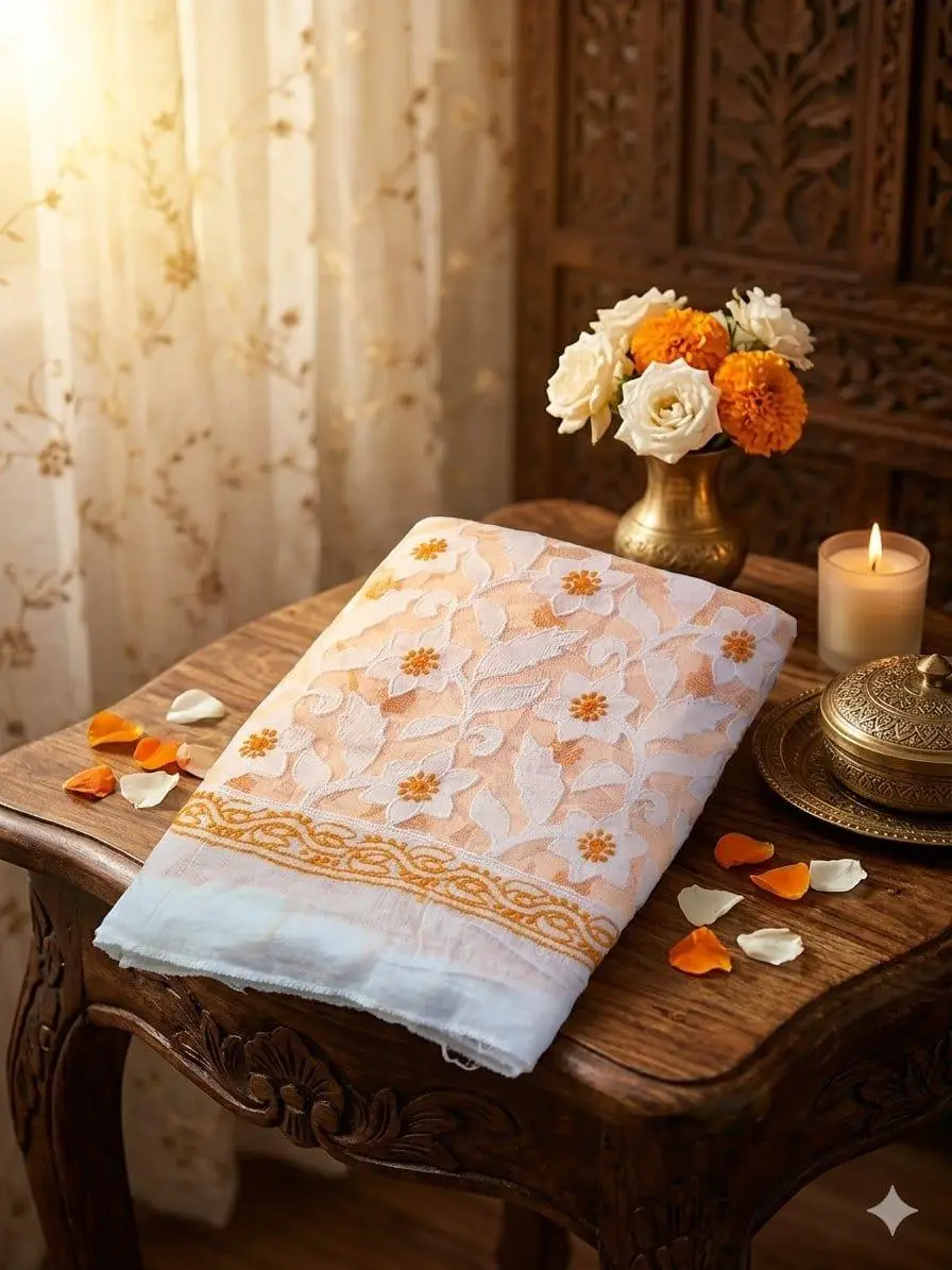 LCF CHIKAN EMBROIDERY BAKHIYA FANDA WITH APPLIQUE WORK MAL COTTON DUPATTA - ORANGE view 4
