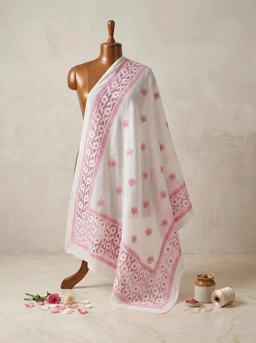 LCF CHIKAN EMBROIDERY BAKHIYA FANDA WITH APPLIQUE WORK MAL COTTON DUPATTA - PINK view 2