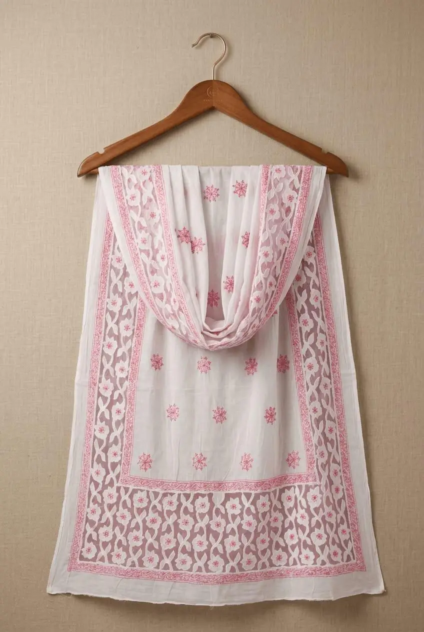 LCF CHIKAN EMBROIDERY BAKHIYA FANDA WITH APPLIQUE WORK MAL COTTON DUPATTA - PINK view 3