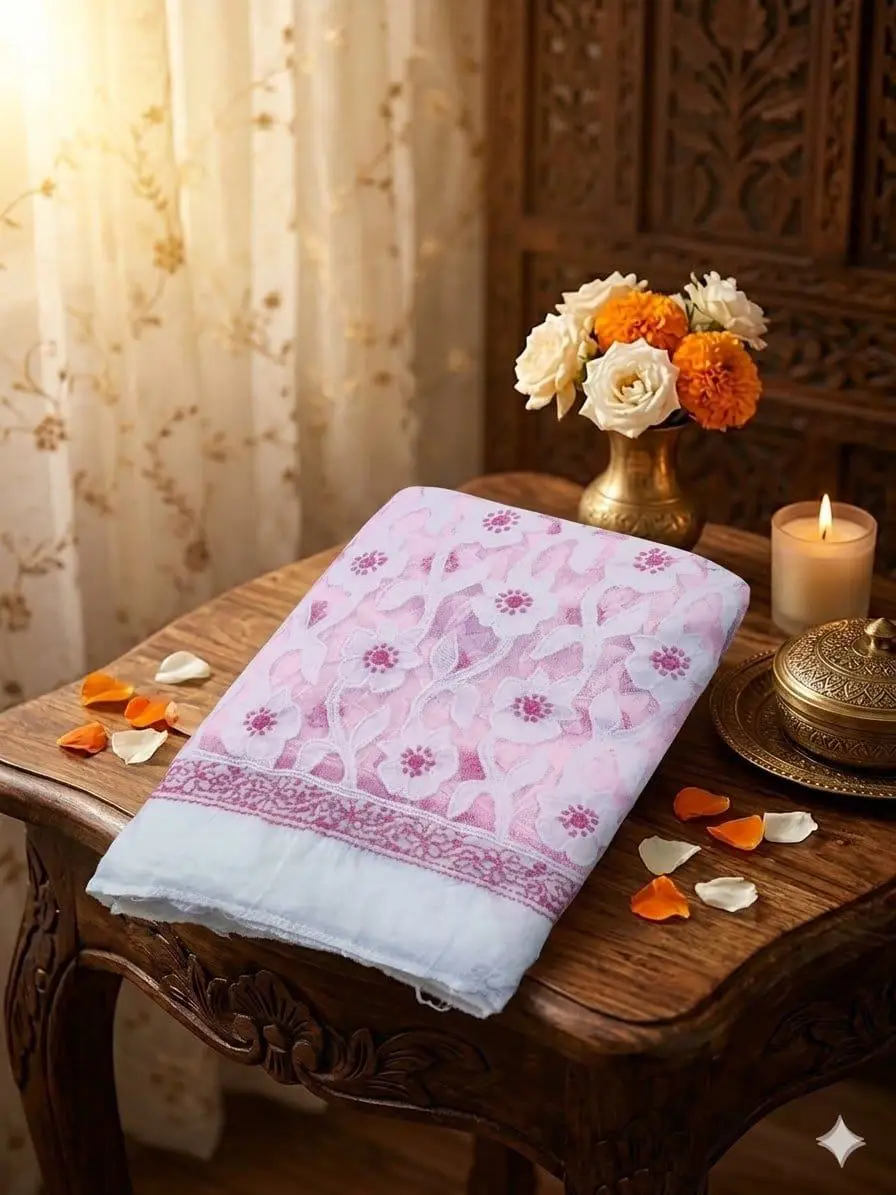 LCF CHIKAN EMBROIDERY BAKHIYA FANDA WITH APPLIQUE WORK MAL COTTON DUPATTA - PINK view 4