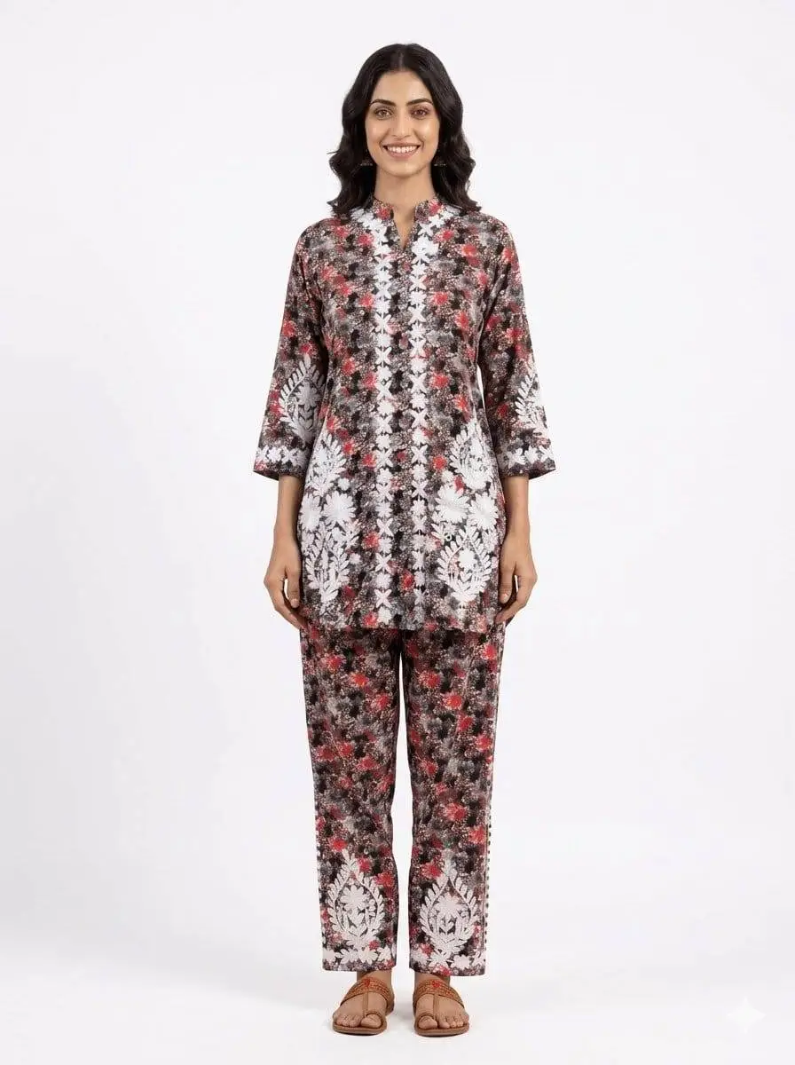LCF CHIKAN EMBROIDERY PRINTED CORD SET - RED