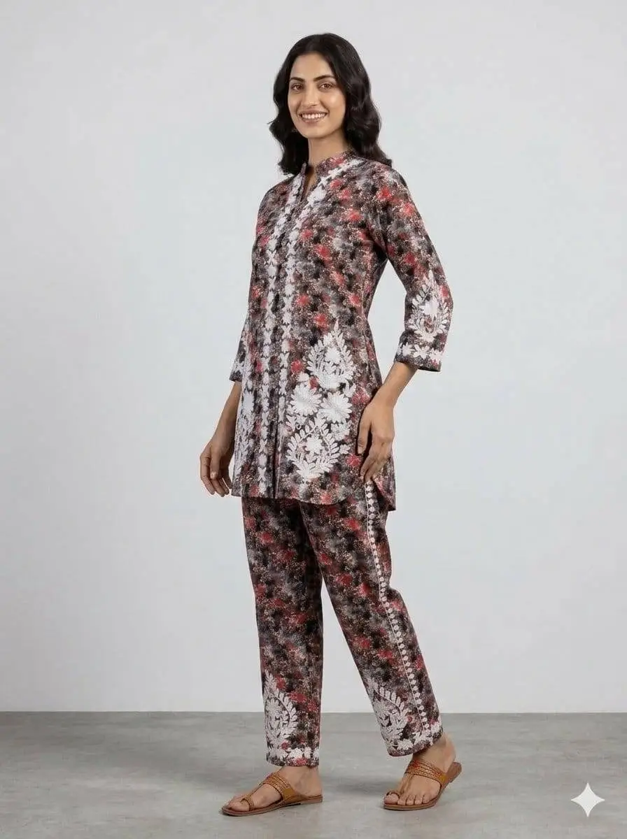 LCF CHIKAN EMBROIDERY PRINTED CORD SET - RED view 2