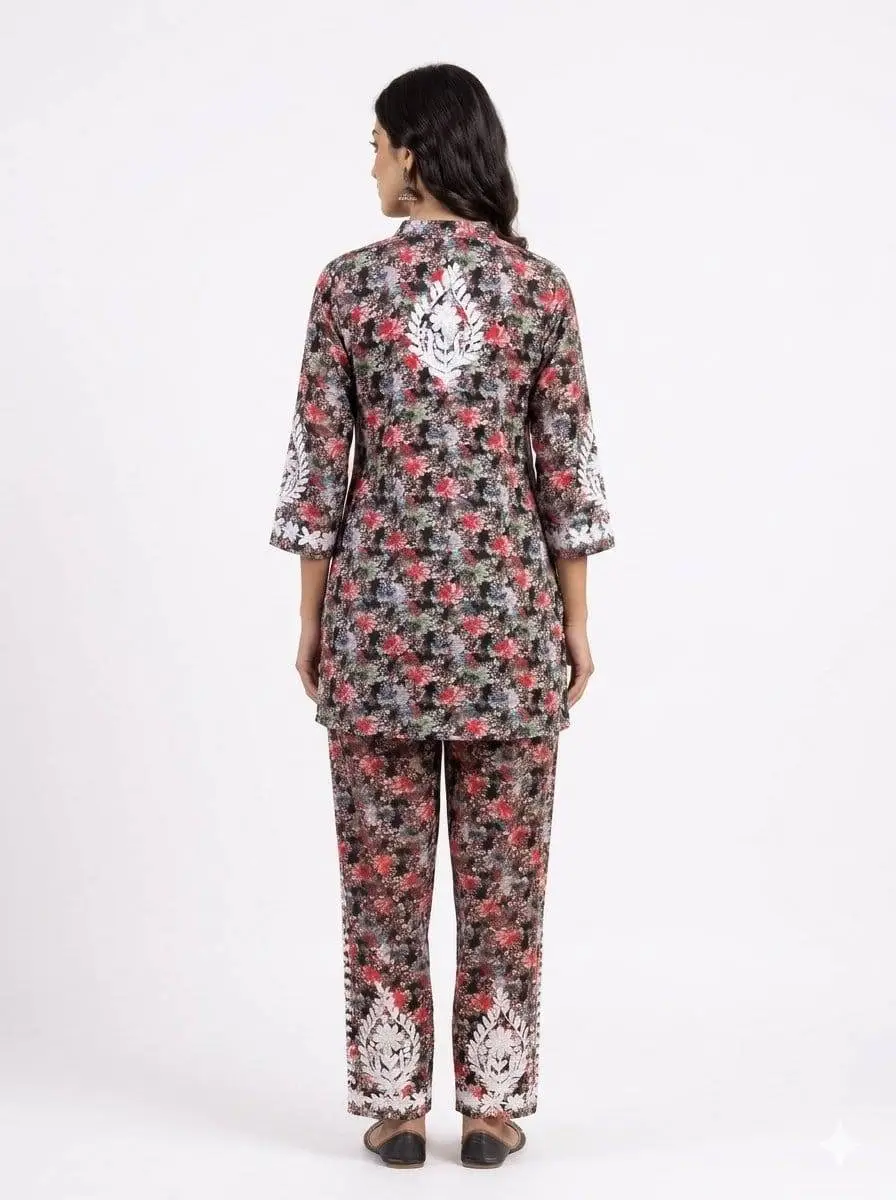 LCF CHIKAN EMBROIDERY PRINTED CORD SET - RED view 3