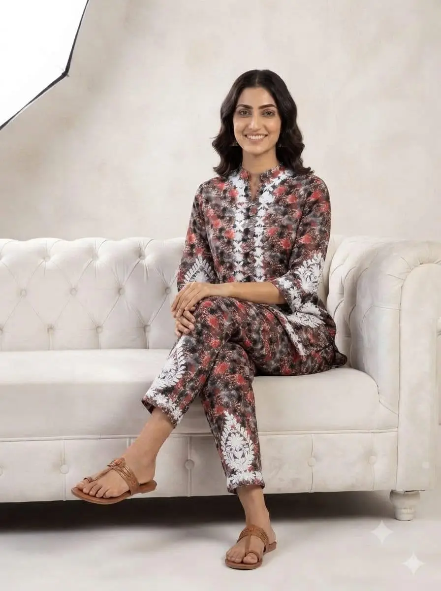 LCF CHIKAN EMBROIDERY PRINTED CORD SET - RED view 4