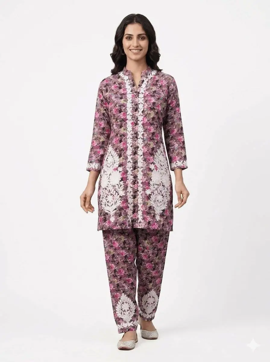 LCF CHIKAN EMBROIDERY PRINTED CORD SET - PINK