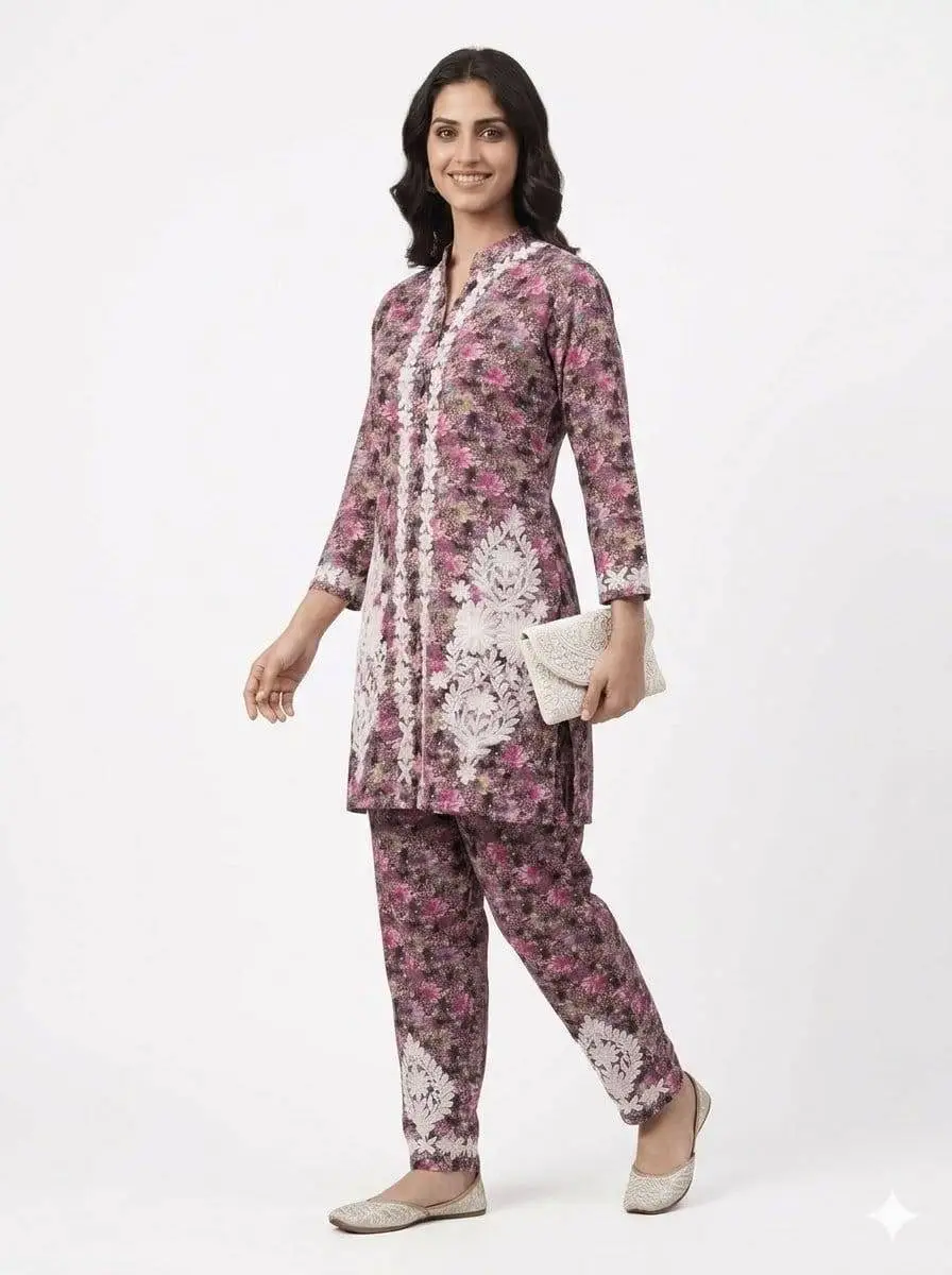 LCF CHIKAN EMBROIDERY PRINTED CORD SET - PINK view 2