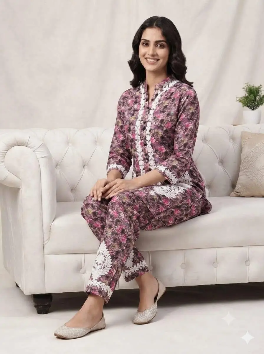 LCF CHIKAN EMBROIDERY PRINTED CORD SET - PINK view 3