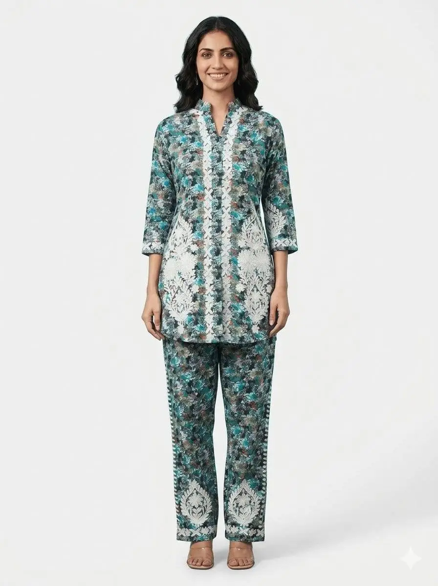 LCF CHIKAN EMBROIDERY PRINTED CORD SET - BLUE