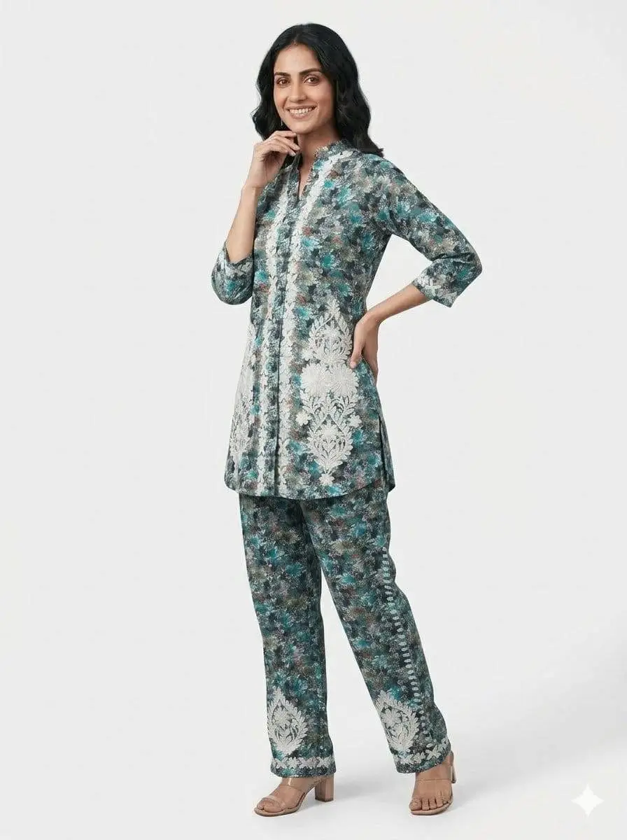 LCF CHIKAN EMBROIDERY PRINTED CORD SET - BLUE view 2