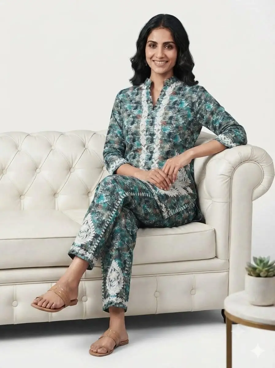 LCF CHIKAN EMBROIDERY PRINTED CORD SET - BLUE view 3
