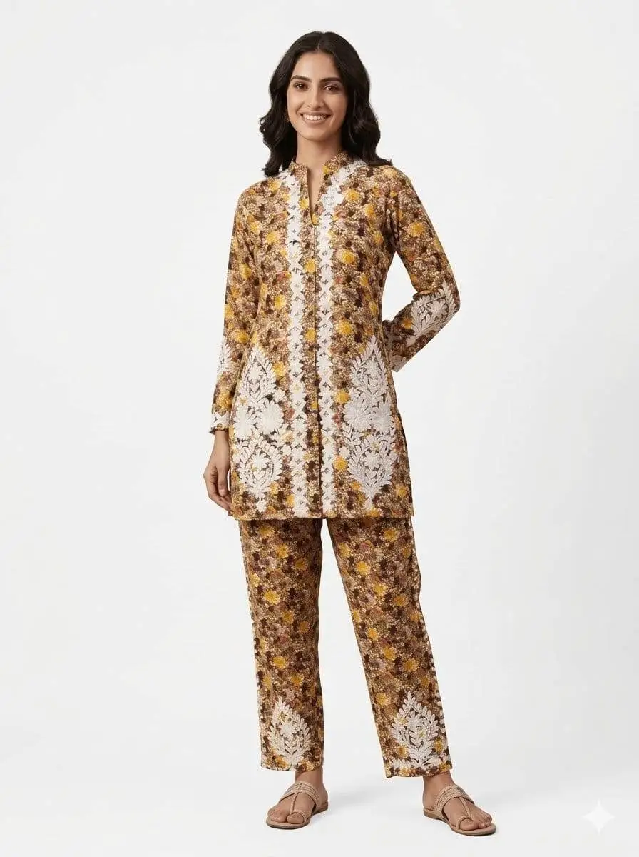 LCF CHIKAN EMBROIDERY PRINTED CORD SET - YELLOW