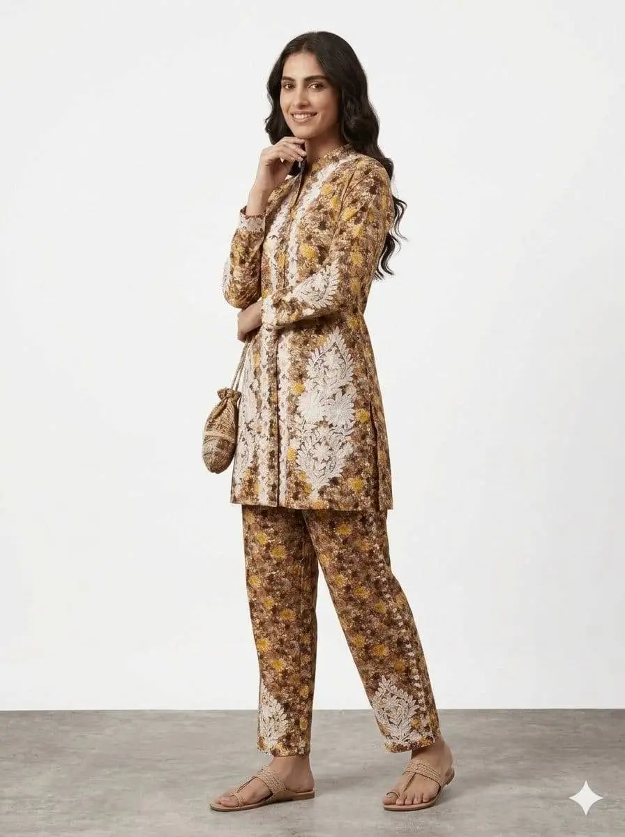 LCF CHIKAN EMBROIDERY PRINTED CORD SET - YELLOW view 2