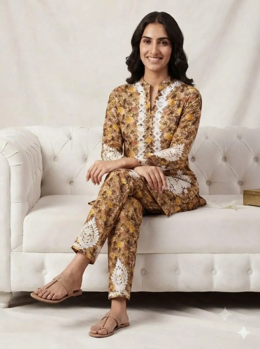 LCF CHIKAN EMBROIDERY PRINTED CORD SET - YELLOW view 3