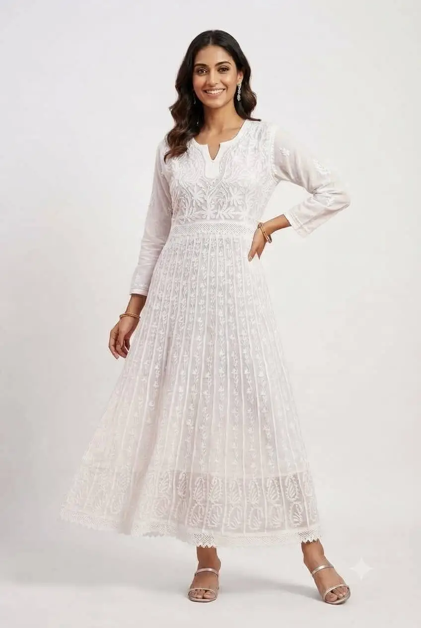LCF CHIKAN EMBROIDERY AARI WITH QURESHIYA WORK CHIFFON ANARKALI - WHITE