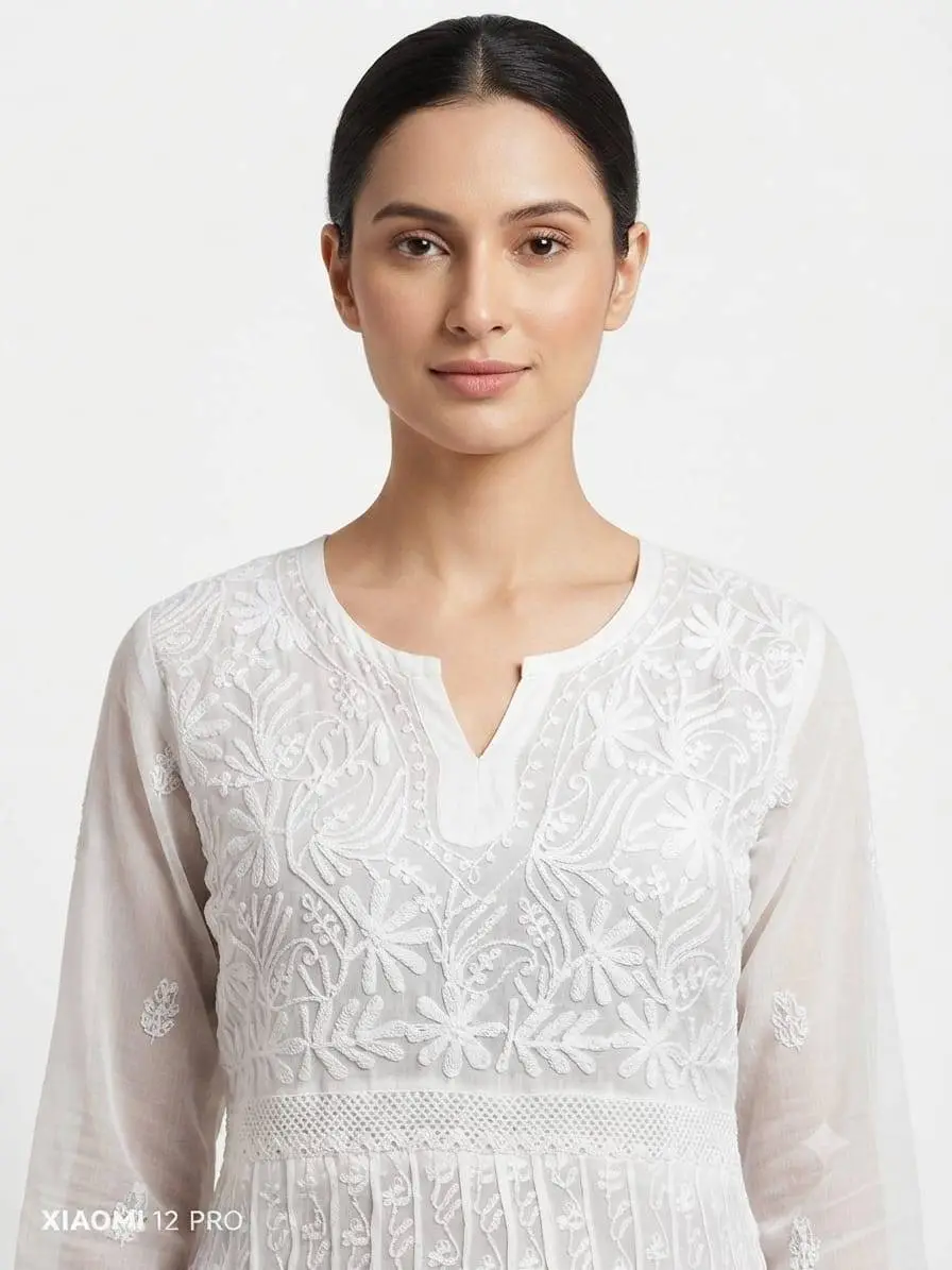 LCF CHIKAN EMBROIDERY AARI WITH QURESHIYA WORK CHIFFON ANARKALI - WHITE view 2