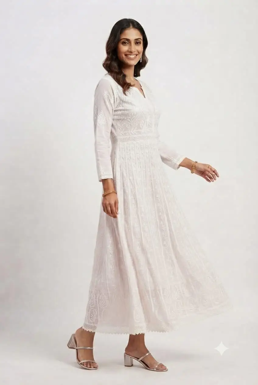 LCF CHIKAN EMBROIDERY AARI WITH QURESHIYA WORK CHIFFON ANARKALI - WHITE view 3