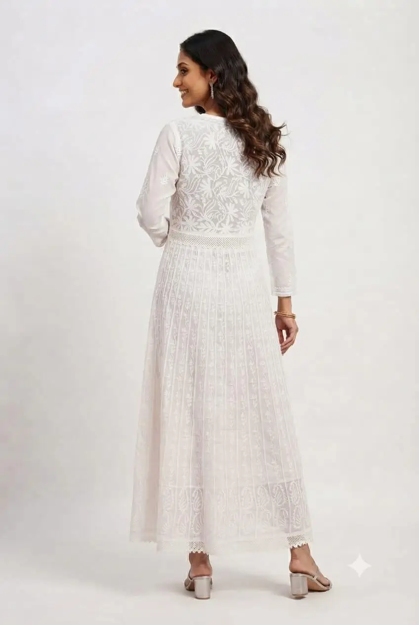 LCF CHIKAN EMBROIDERY AARI WITH QURESHIYA WORK CHIFFON ANARKALI - WHITE view 4