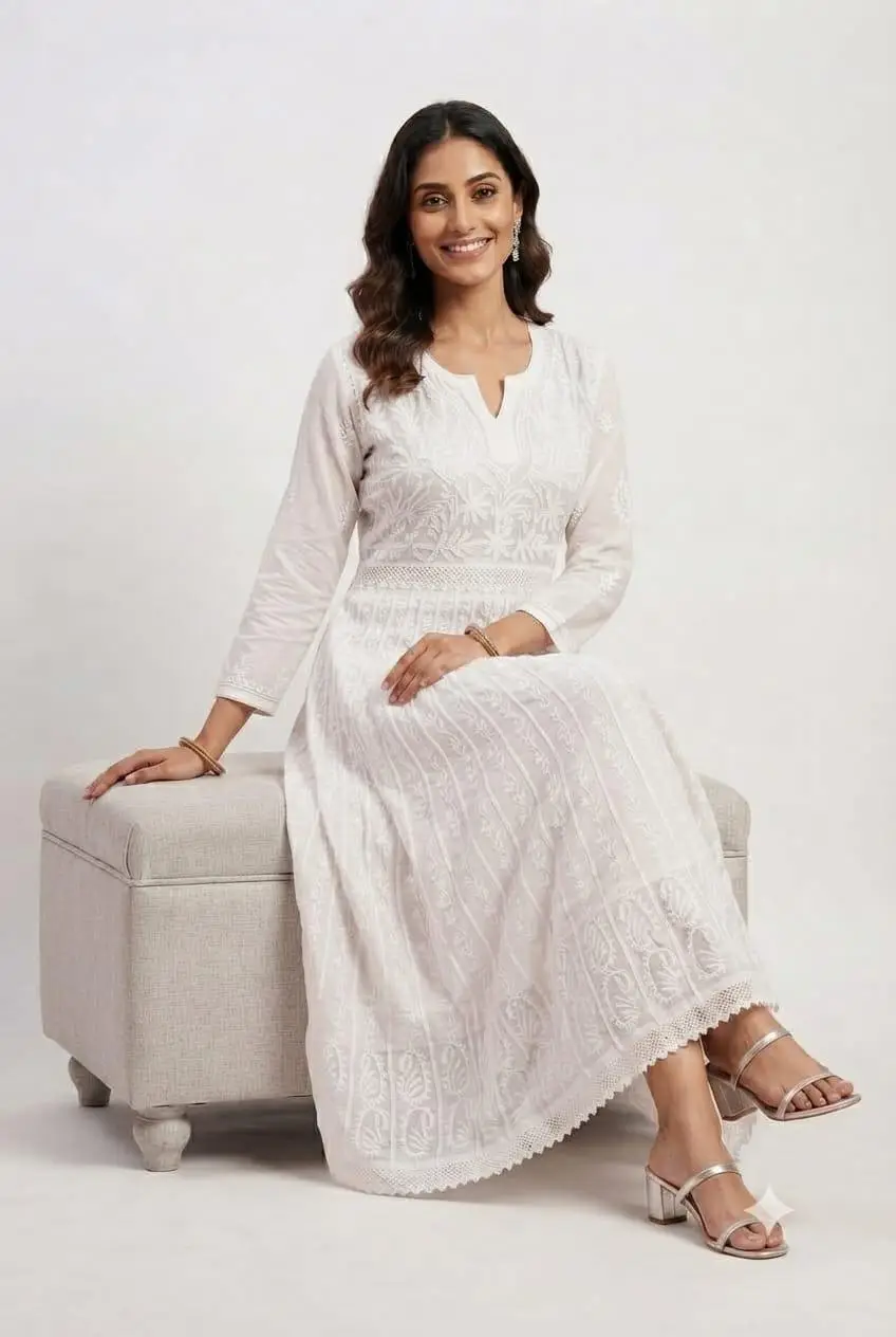 LCF CHIKAN EMBROIDERY AARI WITH QURESHIYA WORK CHIFFON ANARKALI - WHITE view 5