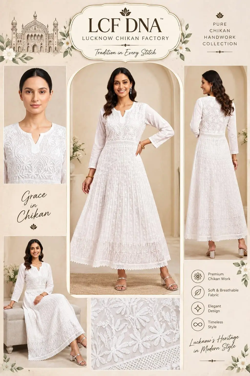 LCF CHIKAN EMBROIDERY AARI WITH QURESHIYA WORK CHIFFON ANARKALI - WHITE view 6