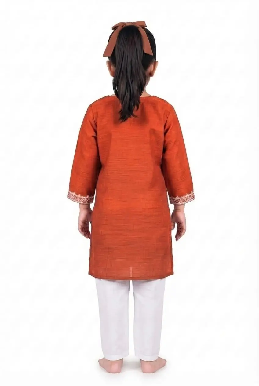 LCF KIDS WEAR COMPUTER WORK CHANDERI COTTON SET FOR GIRL - BRICK RED view 2