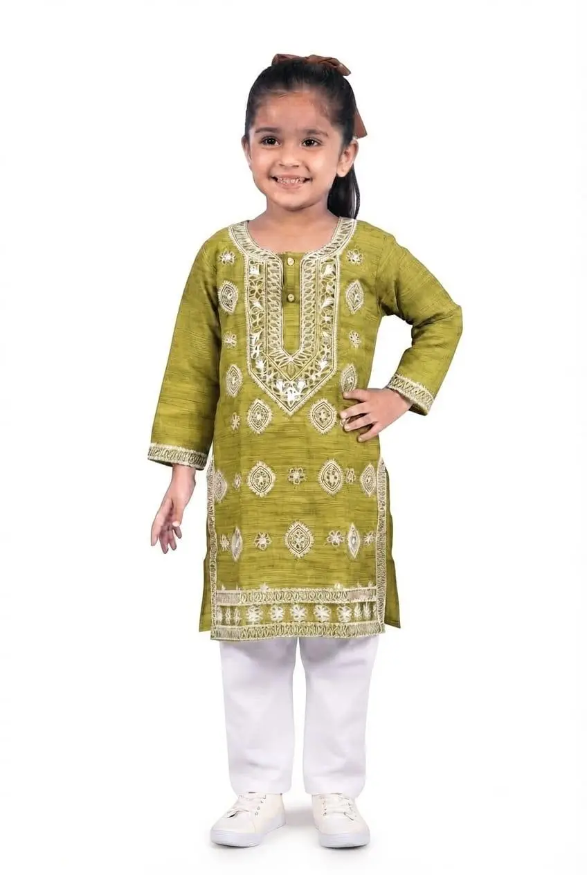 LCF KIDS WEAR COMPUTER WORK CHANDERI COTTON SET FOR GIRL - GREEN