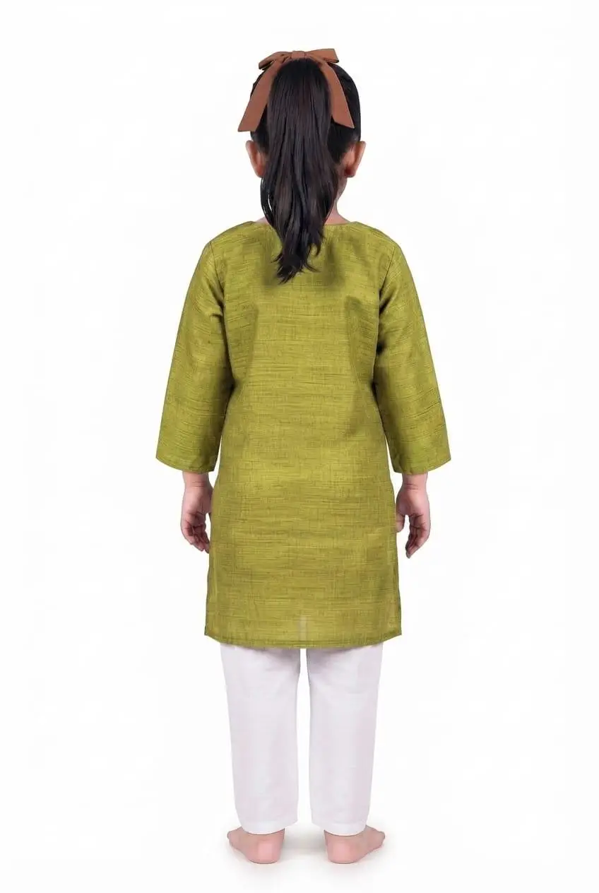 LCF KIDS WEAR COMPUTER WORK CHANDERI COTTON SET FOR GIRL - GREEN view 2