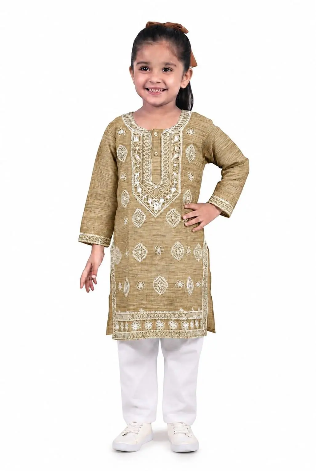 LCF KIDS WEAR COMPUTER WORK CHANDERI COTTON SET FOR GIRL - LIGHT BROWN