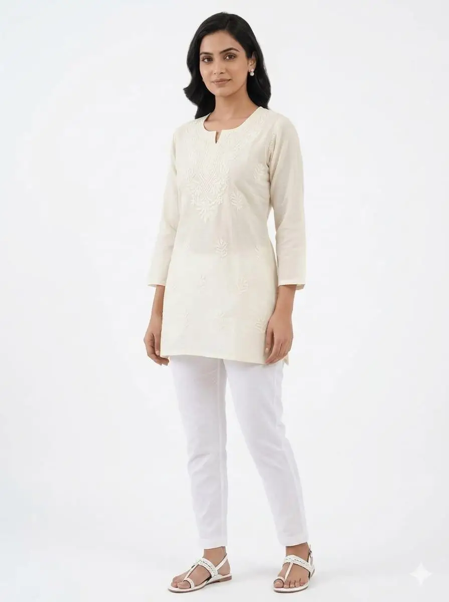 LCF CHIKAN EMBROIDERY COMPUTER WORK CHANDERI SILK SHORT TOP - OFF WHITE