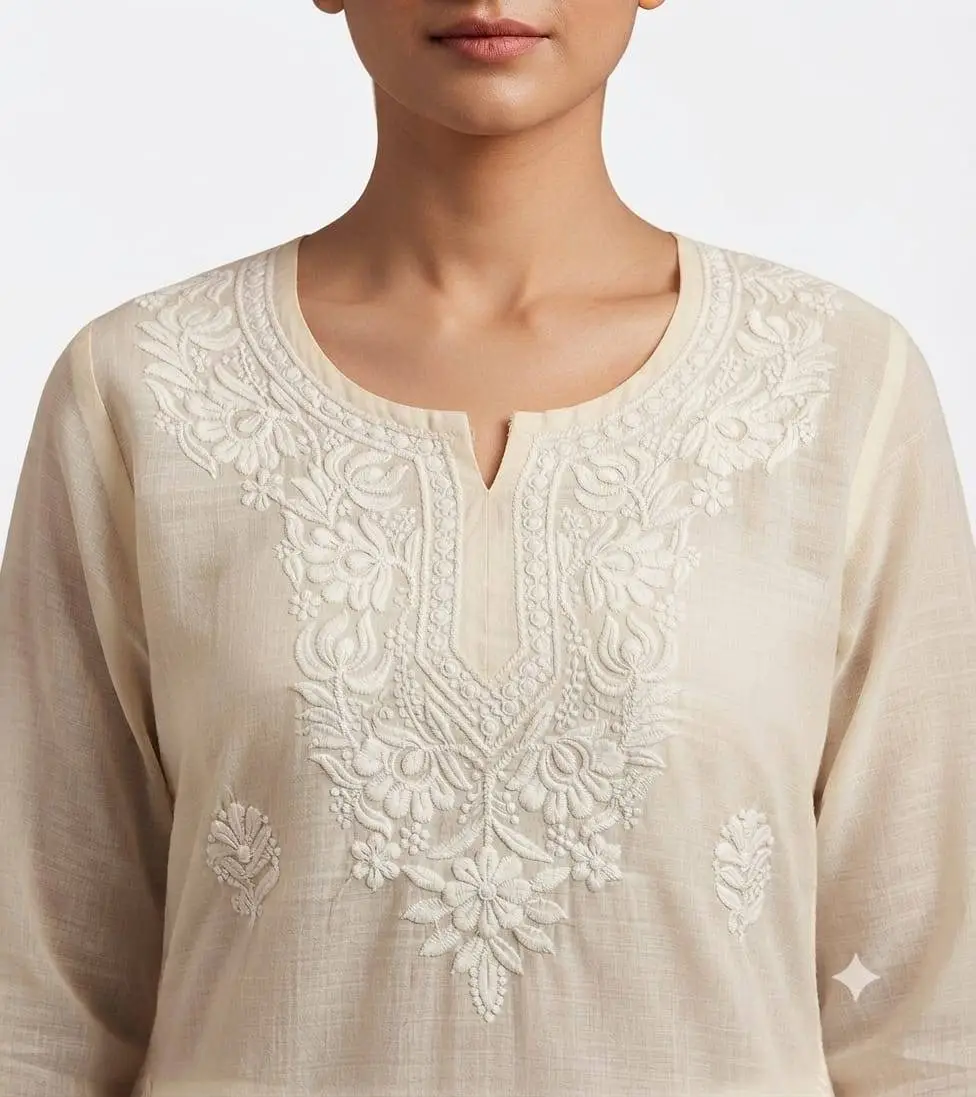 LCF CHIKAN EMBROIDERY COMPUTER WORK CHANDERI SILK SHORT TOP - OFF WHITE view 2