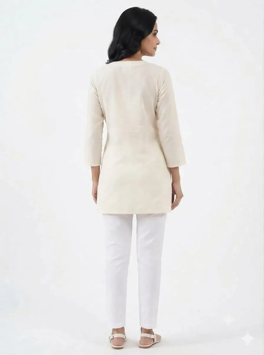LCF CHIKAN EMBROIDERY COMPUTER WORK CHANDERI SILK SHORT TOP - OFF WHITE view 3