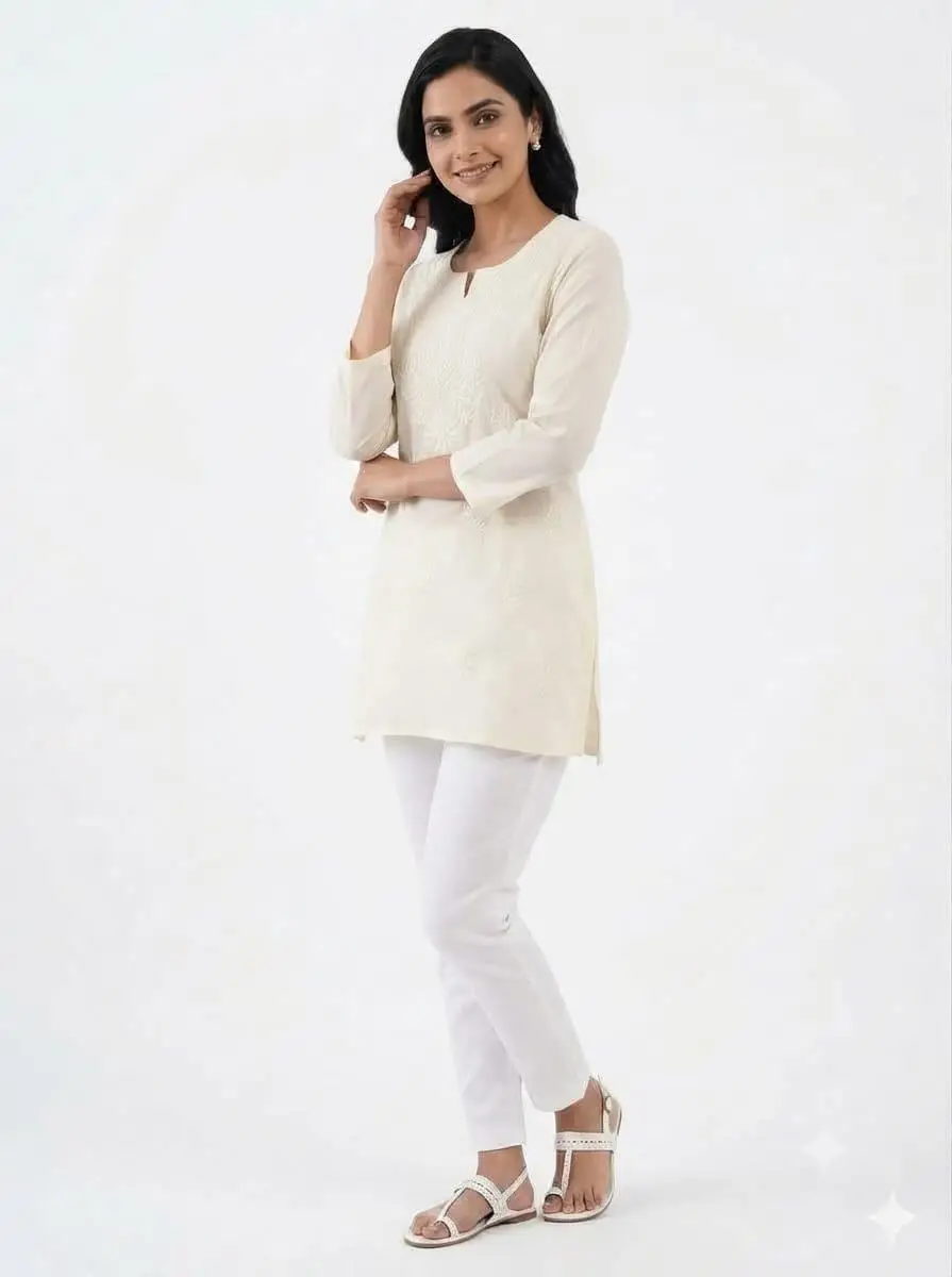 LCF CHIKAN EMBROIDERY COMPUTER WORK CHANDERI SILK SHORT TOP - OFF WHITE view 4
