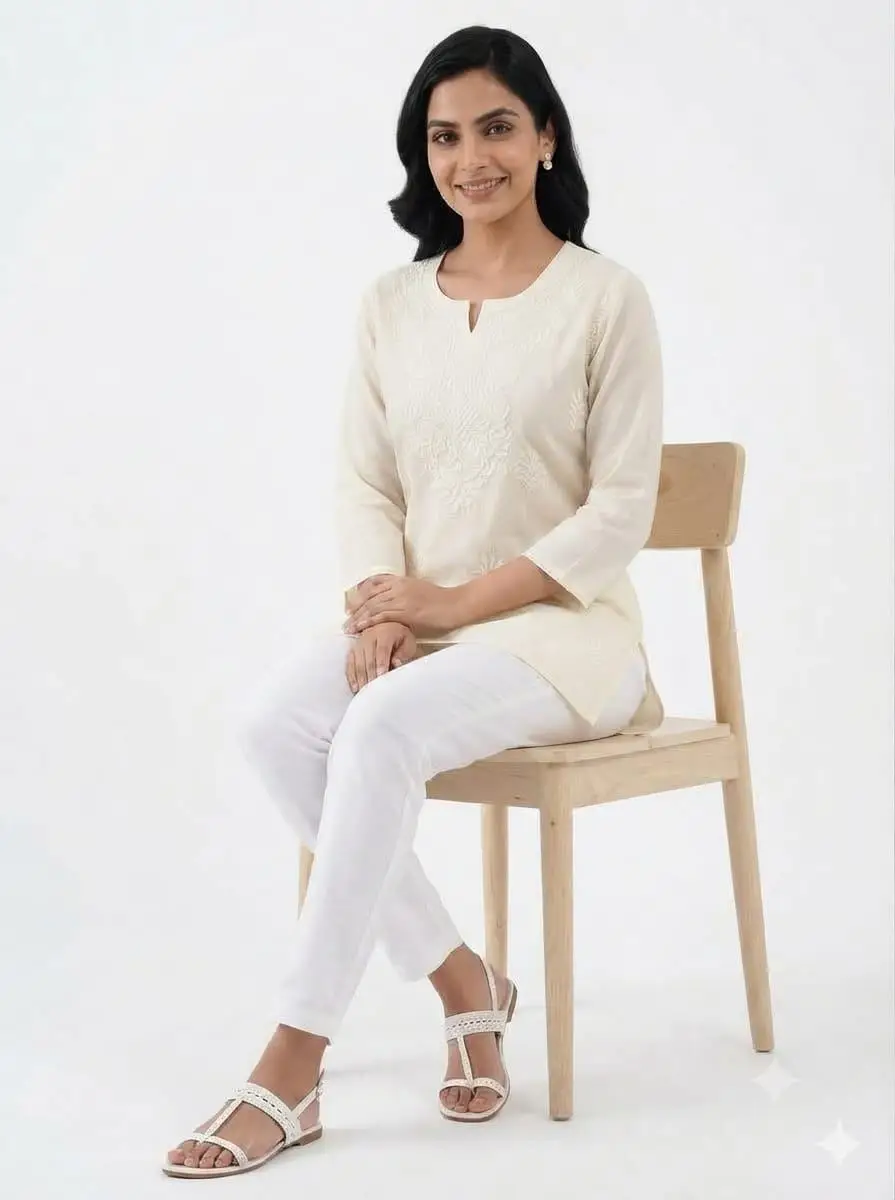 LCF CHIKAN EMBROIDERY COMPUTER WORK CHANDERI SILK SHORT TOP - OFF WHITE view 5