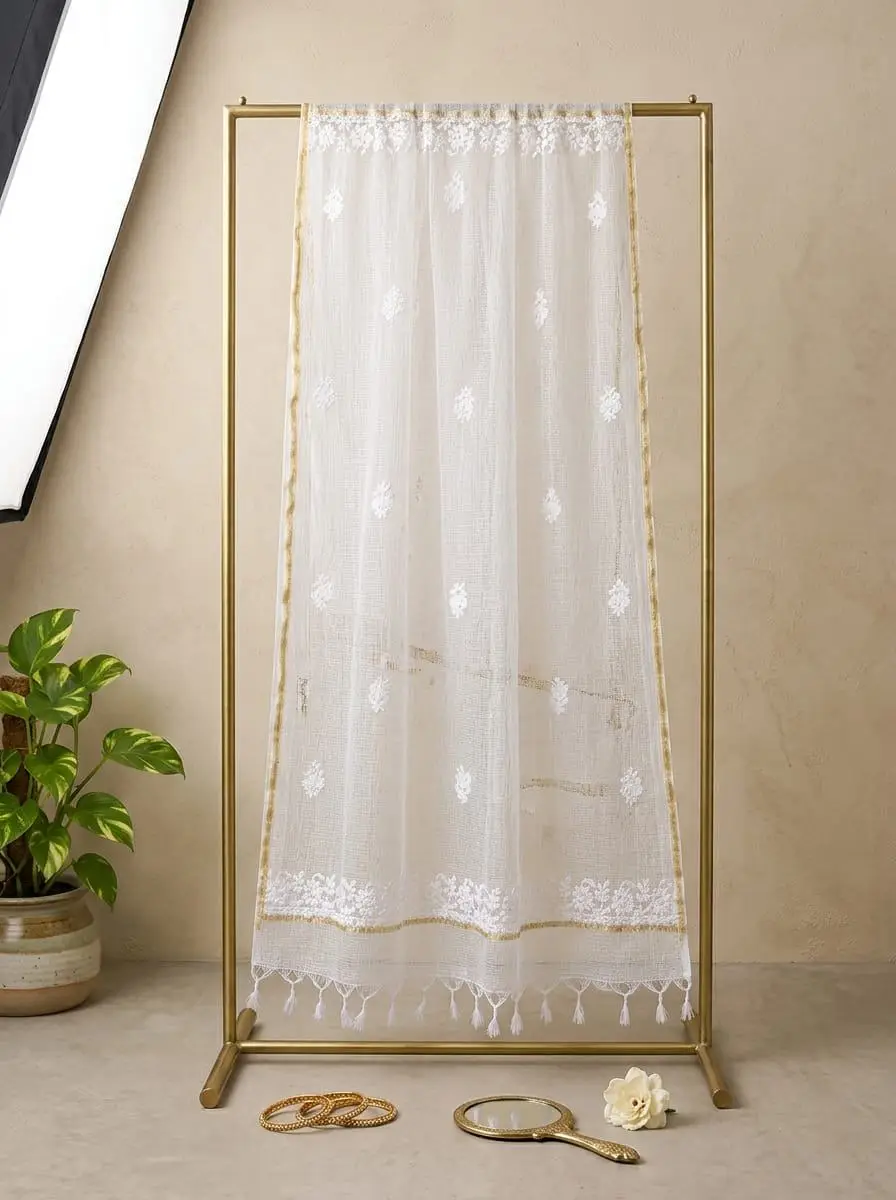 LCF CHIKAN EMBROIDERY KOTA DUPATTA - WHITE & GOLDEN