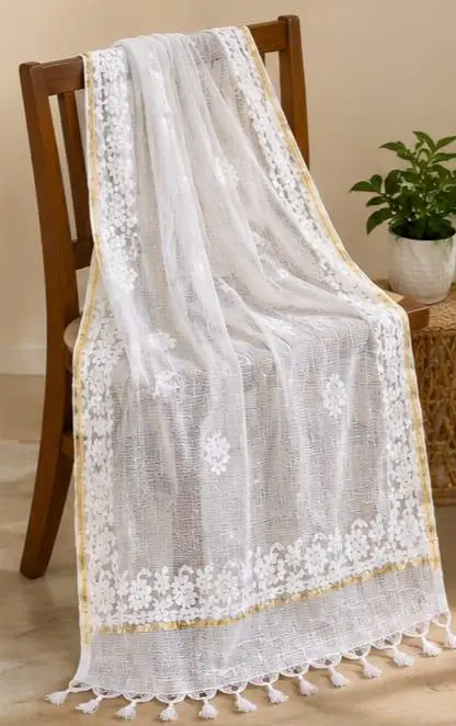 LCF CHIKAN EMBROIDERY KOTA DUPATTA - WHITE & GOLDEN view 2