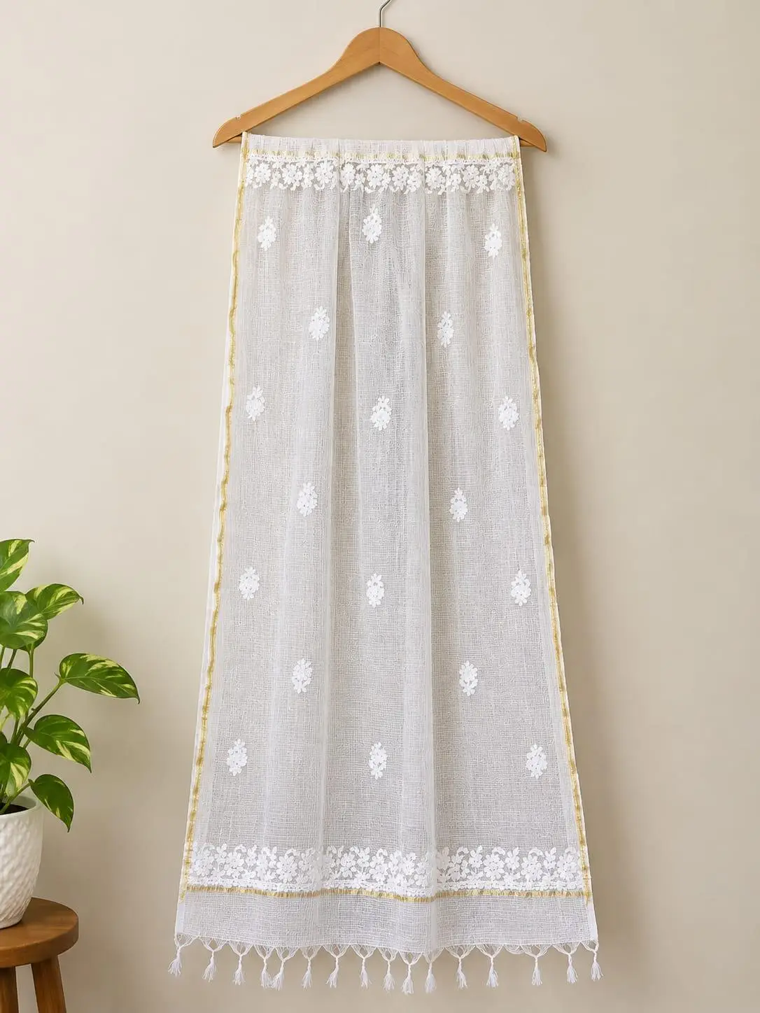 LCF CHIKAN EMBROIDERY KOTA DUPATTA - WHITE & GOLDEN view 3