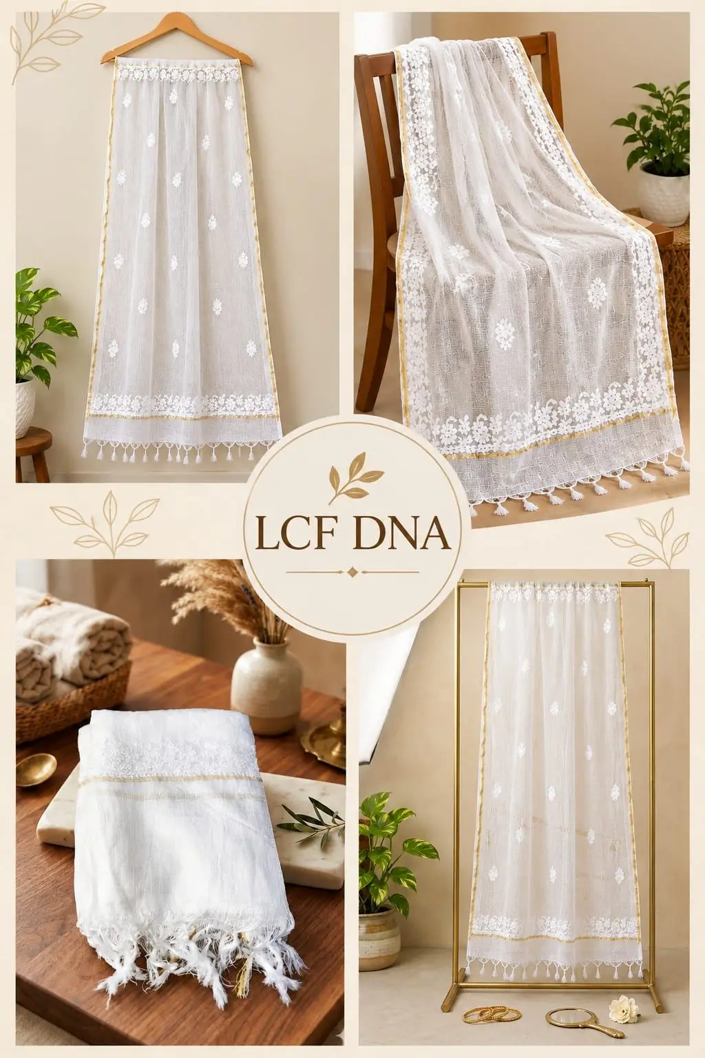 LCF CHIKAN EMBROIDERY KOTA DUPATTA - WHITE & GOLDEN view 5