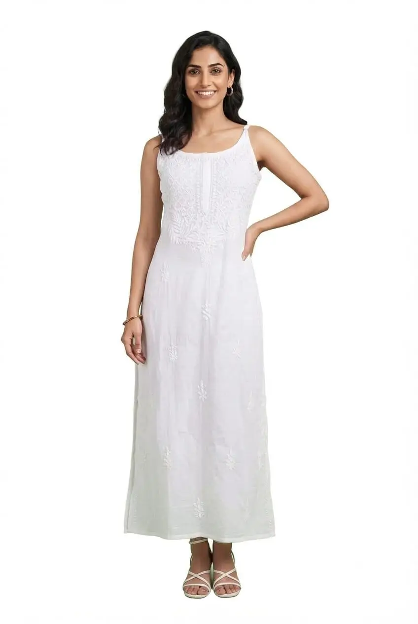 LCF CHIKAN EMBROIDERY GHAS PATTI WORK MODAL SPAGHETTI LONG KURTI - WHITE
