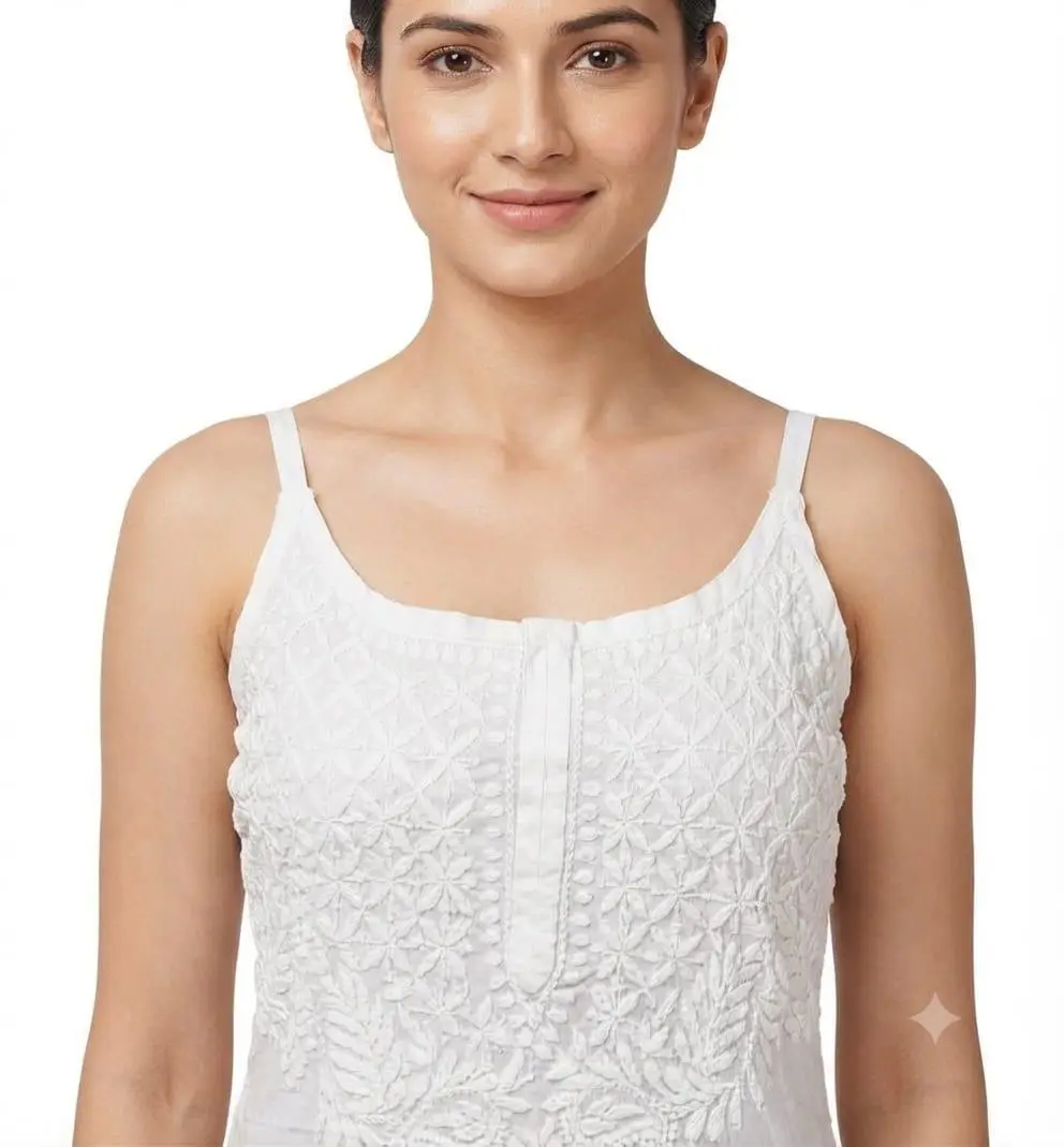 LCF CHIKAN EMBROIDERY GHAS PATTI WORK MODAL SPAGHETTI LONG KURTI - WHITE view 2